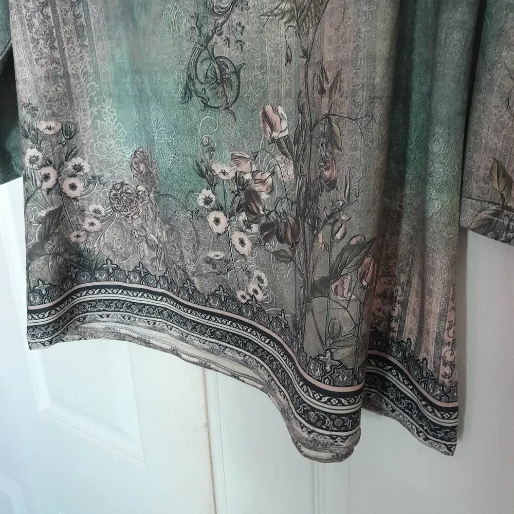 Women Floral Pullover Long Sleeve, Round Neck, Size Large, Color Green